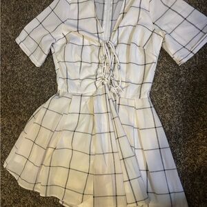 White Plaid Short Sleeve Romper